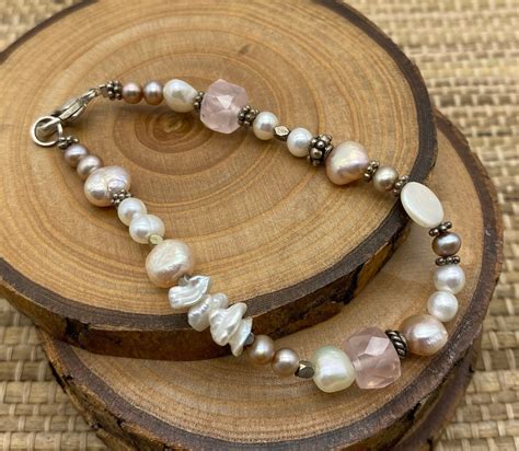 Pearl, Rose Quartz and Sterling Silver Bracelet - Etsy