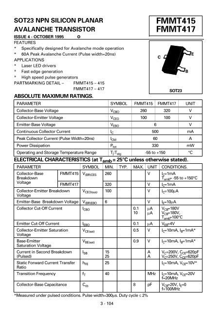 FMMT417 SOT23 NPN Silicon planar avalanche transistor datasheet