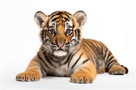 Premium AI Image | a tiger cub laying down on a white surface