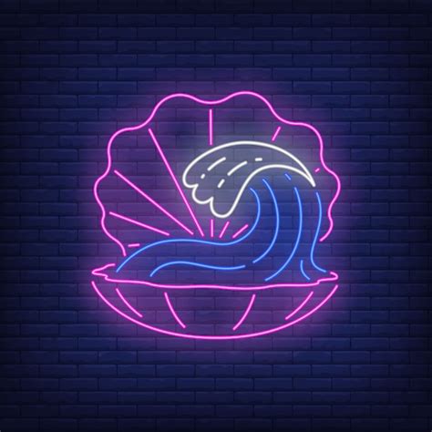 Free Vector | Pink shell neon sign. open seashell with ocean wave inside on brick wall