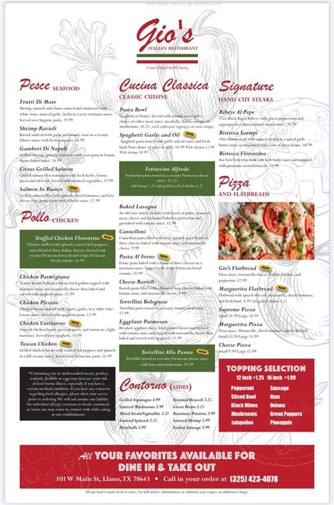 Menu at Gio's Italian Restaurant, Llano