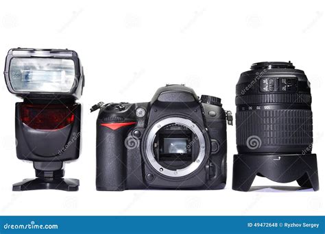 DSLR Camera, Lens and Flash Stock Photo - Image of electronic, disassembled: 49472648