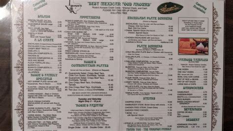 Menu at Rosie's Tamale House restaurant, Bee Cave, State Hwy 71