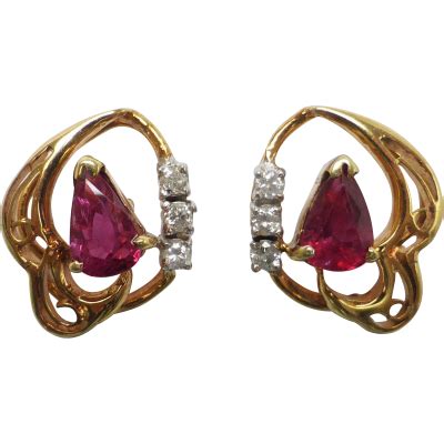 Beryl Lane - Estate 14ct Yellow Gold Ruby and Diamond Filigree Stud Earrings