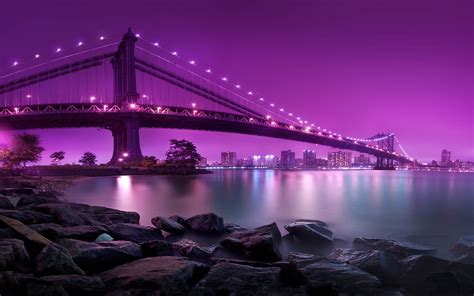 Manhattan, Brooklyn, Purple, Sea, River, Bridge, Cityscape, Night, Rock, Lights, Manhattan ...