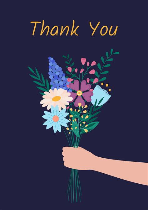 Thank You greeting card. Hand holding bouquet of flowers. Vector flat illustration. Thanks card ...