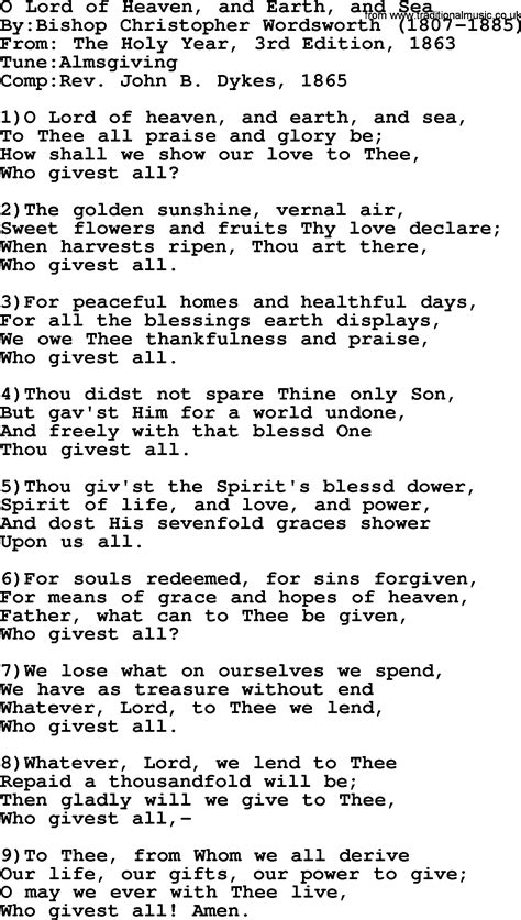 Methodist Hymn: O Lord Of Heaven, And Earth, And Sea - lyrics with PDF