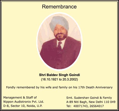 Remembrance Shri Baldev Singh Goindi Ad - Advert Gallery