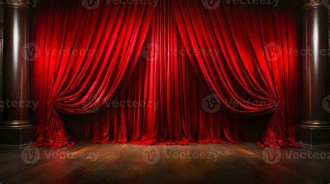 Dramatically Lit Lustrous Red Velvet Theatre Curtains and Wooden Stage ...