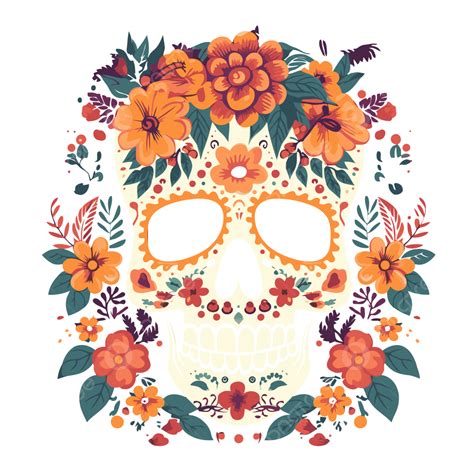 Dia De Los Muertos Flower Vector, Sticker Clipart An Image Of A Sugar Skull With A Floral Design ...