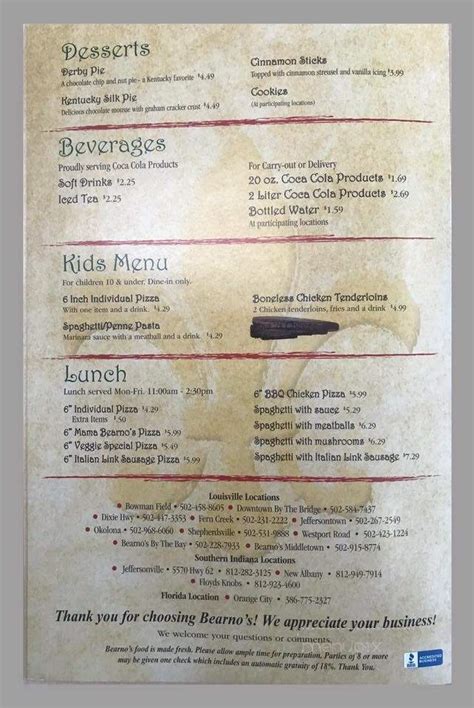 Menu of Bearno's Shepherdsville in Shepherdsville, KY 40165