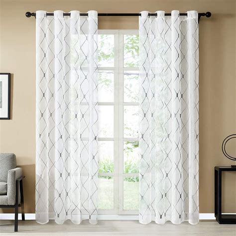 Topfinel White Sheer Curtains 84 Inches Long Gray Embroidered Diamond Grommet Window Curtains ...