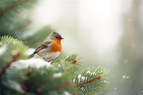 Premium Photo | Robin with a backdrop of snowflurried pine needles