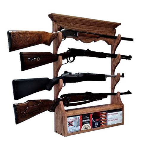 Oak Wooden Gun Rack 4 Place Rifle Shotgun Wall Display - Ammo Storage – Gun Racks For Less