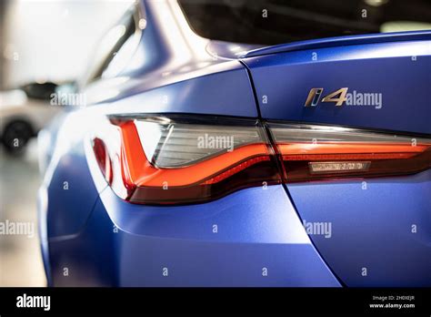 Garching, Germany. 29th Sep, 2021. The "i4" logo is seen on the rear of a BMW i4 during a BMW ...