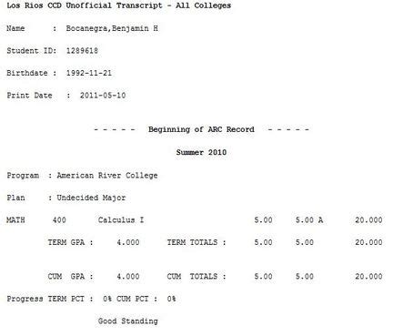 Community College Transcript - Benjamin Bocanegra's Portfolio