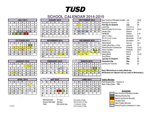 2014 - 2015 TUSD Calendar – Dietz Elementary School – page 1