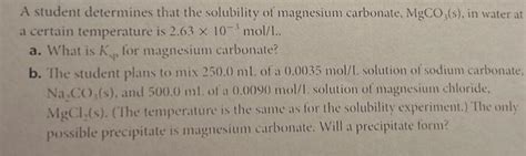 Solved A student determines that the solubility of magnesium | Chegg.com