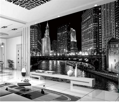 Home Decoration window mural wallpaper Black and white city night ...