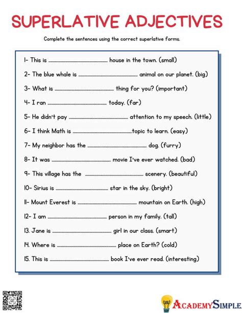 English Grammar Worksheets - Superlative Adjectives - Academy Simple