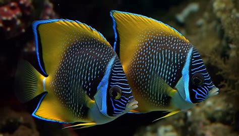 Vibrant school of damselfish swim in coral reef below water generated ...