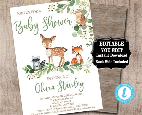 Editable Woodland Baby Shower Invitation Template, Greenery Baby Shower ...