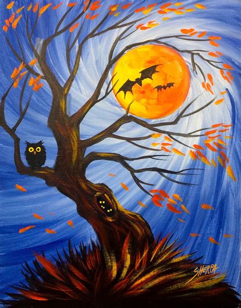 Halloween Tree Holding Holding a Moon painting easy step by step for ...