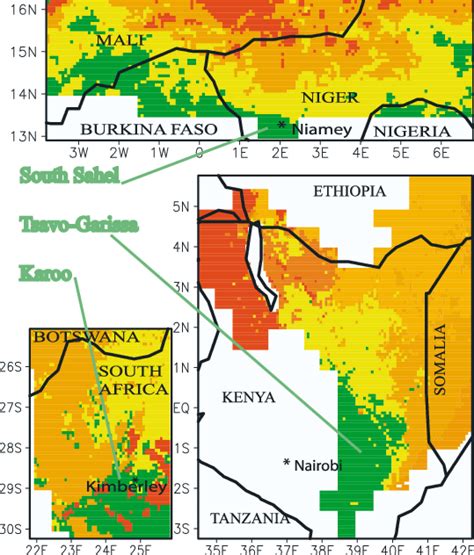 Location of the three semi-arid regions selected in western, southern ...