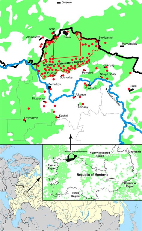 Map location of Mordovia State Nature Reserve and research sites ...