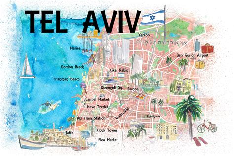 Tel Aviv Israel Illustrated Map with Roads Landmarks and | Etsy