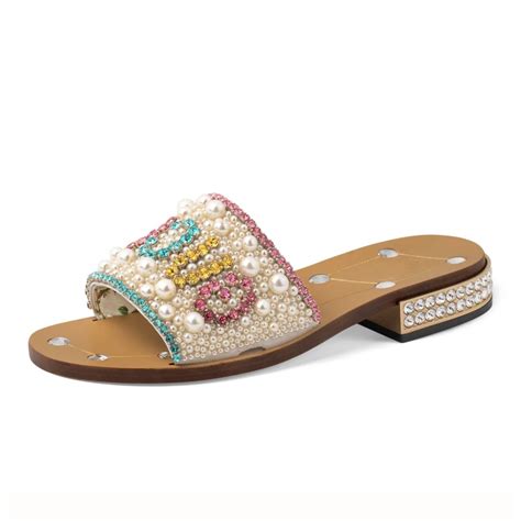 designer leather flat Rhinestones g sandals summer shoes women crystal slides & ladies slippers ...