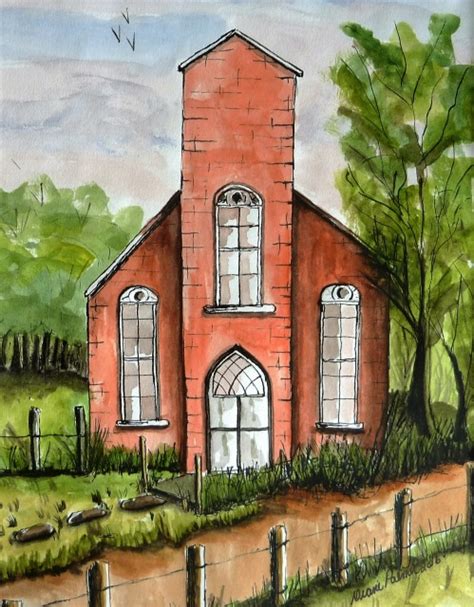 Red Brick Country Church Ink and Watercolor