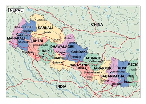 Detallado mapa administrativo de Nepal | Nepal | Asia | Mapas del Mundo