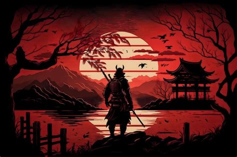 Premium Photo | Illustration of Japanese samurai watch sunset with ...