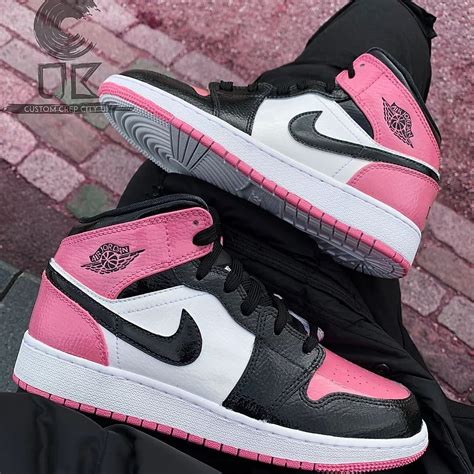 Custom Air Jordan 1 Mid (Pink & Black) | CustomCrepCityUK | Nike shoes ...