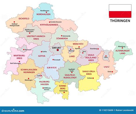 Thuringia Administrative and Political Vector Map with Flag Stock Vector - Illustration of ...