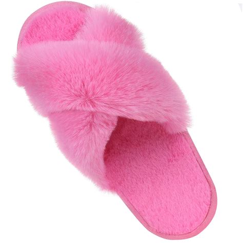 Litfun Women's Fuzzy Slippers Plush Cross Band Open Toe House Thick Sole Slippers, Hot Pink ...