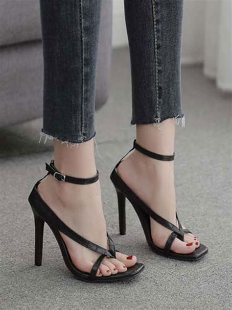 High Heel Sandals Black Open Toe Ankle Strap Stiletto Heel Thong ...