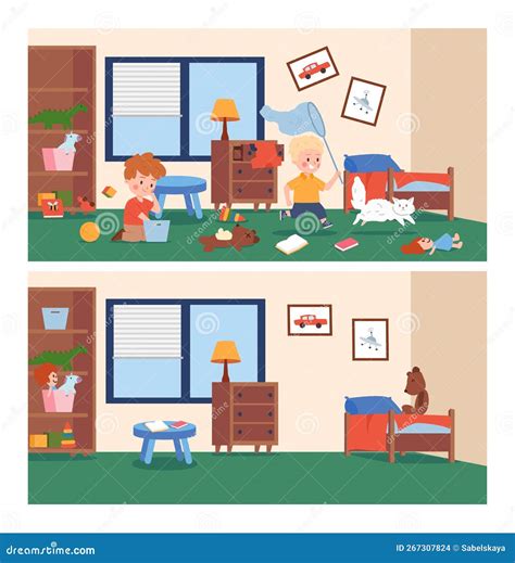 Messy and Clean Kids Nursery or Bedroom, Cartoon Flat Vector Illustration. Stock Vector ...