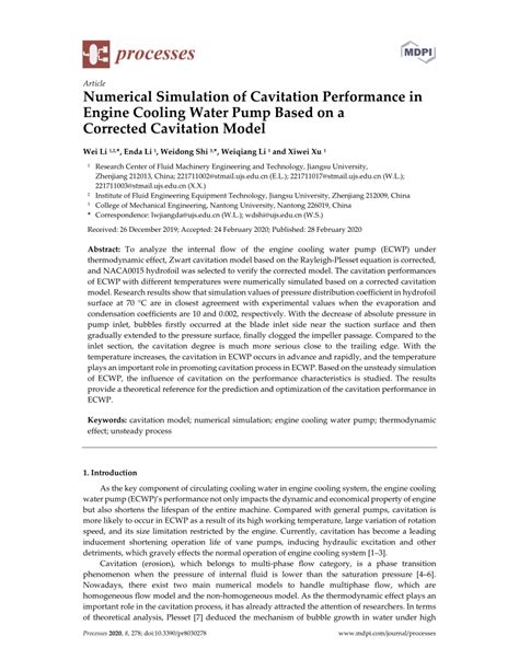 (PDF) Numerical Simulation of Cavitation Performance in Engine Cooling Water Pump Based on a ...