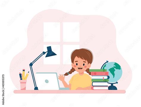 Girl studying with computer and books. Vector illustration concept in cartoon style Stock Vector ...