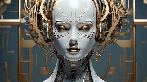 a andorid female robot in a dress with some gold par...