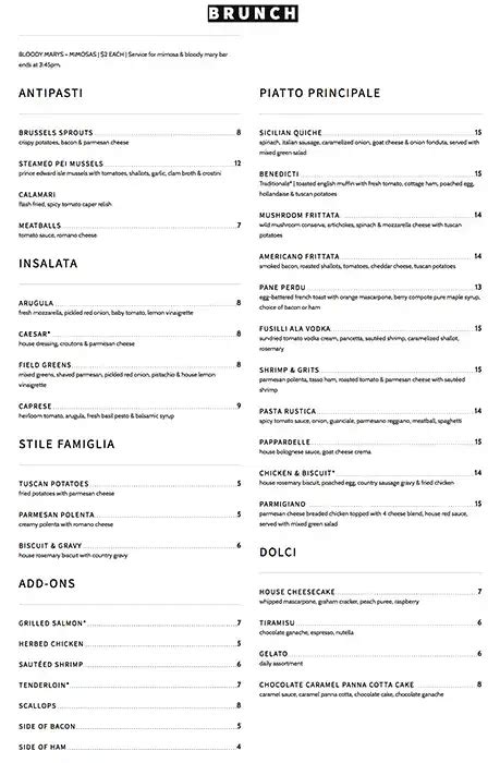 Menu at Vivace restaurant, Charlotte