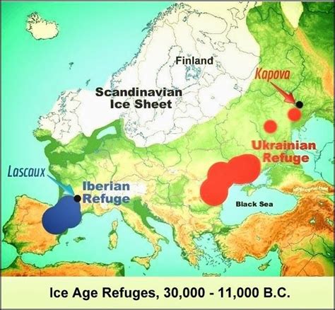 map of paleolithic cultures' "retreats": areas occupied during glacial expansion period. proto ...