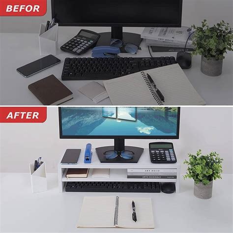 Beygorm Monitor Stand Riser, 2 Tiers Screen Stand, Multifunctional Desktop Organizer, White | M ...