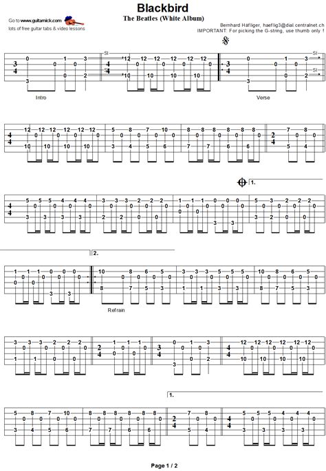 Blackbird- guitar tab 1 | Guitar tabs, Fingerstyle guitar, Guitar tabs ...