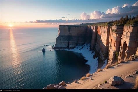 Premium AI Image | A cliff face with a sunset in the background