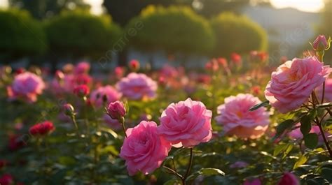 Pink Rose Garden With A Sun Coming Out In The Middle Of It Background, Blooming Pink Roses In ...