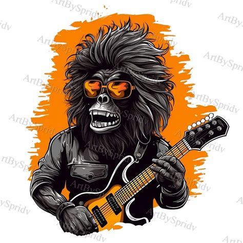 a gorilla with sunglasses playing an electric guitar in front of an orange and white background