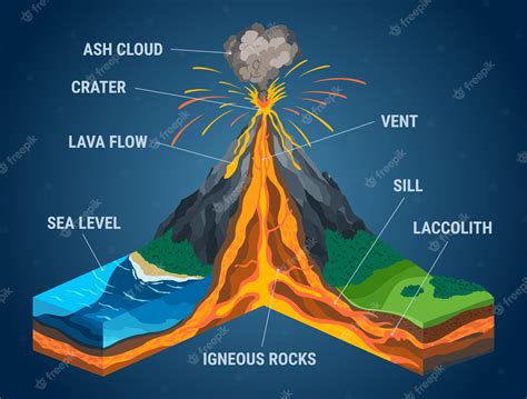 Premium Vector | Isometric of volcano in cross section infographic. structure with indicating of ...